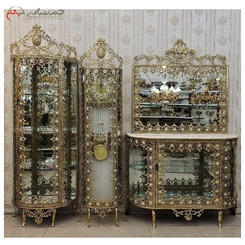 ست جهیزیه برنزی سه پارچه بدنه ظریف کاری شده طرح گل آفتابگردان با گارانتی رنگ بدنه کد 8035