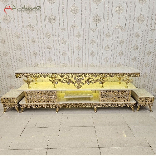 میز تلویزیون برنزی چهار کشو به همراه دو عدد جا باندی و طرح بدنه ی گل سرخ با ضمانت رنگ کد 9012 - چترزندگی