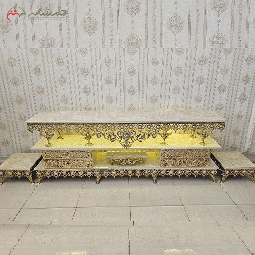 ست میز تلویزیون چهار کشو برنزی همراه جا باندی طرح آفتابگردان با طراحی بی نظیر و شیک
