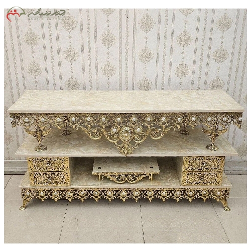 میز تلویزیون برنزی دو طبقه طرح آفتابگردان، چهار کشو و طراحی به روز با گارانتی رنگ بدنه کد 9859 - چترزندگی