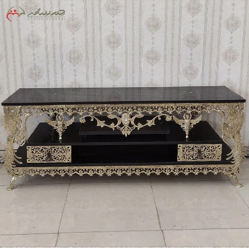 میز تلویزیون برنزی دو طبقه طاووس دار با دو عدد کشو ظریف کاری شده با گارانتی کد 9702 - چترزندگی