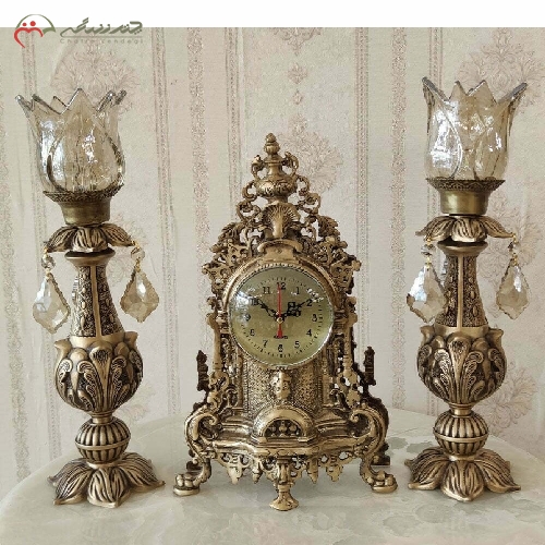 ست ساعت و شمعدان رومیزی طرح ناهید با رنگ آنتیک و بدنه ی تمام برنزی با ضمانت کد 421 - چترزندگی
