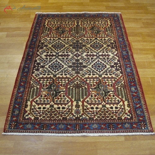فرش دستبافت میمه به رنگ لاکی و حاشیه های آبی طرح نقشه ی سراسری و تقارن رنگ عالی کد 39816