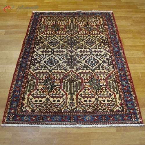 فرش دستبافت میمه به رنگ لاکی و حاشیه های آبی طرح نقشه ی سراسری و تقارن رنگ عالی کد 39816 - چترزندگی