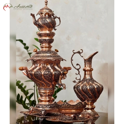 سرویس سماور مسی خم کاری و قلم زنی شده ی 5 لیتری با ورق 1.5 میل از مس و دوام بسیار بالا دارای گارانتی