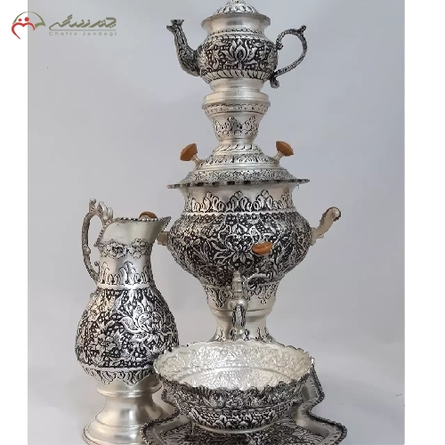 سماور ذغالی 4 لیتری با آبکاری نقره و قلم زنی شده کار دست، طرح گل و مرغ، با کیفیت و طراحی بی نظیر کد 116