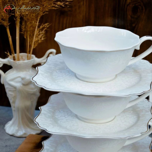ست فنجان نعلبکی چایخوری ۱۲ پارچه ( ۶ نفره ) محصول آجار ACAR ترکیه جنس چینی بونچاینا گل برجسته دور طلاکوب
