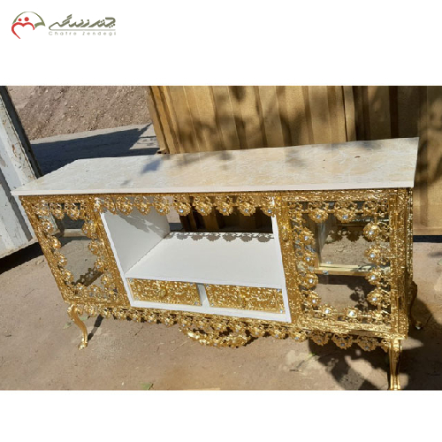 میز تلویزیون آبکاری دارای دو کشو و دو کابین طرح ساده_ چترزندگی