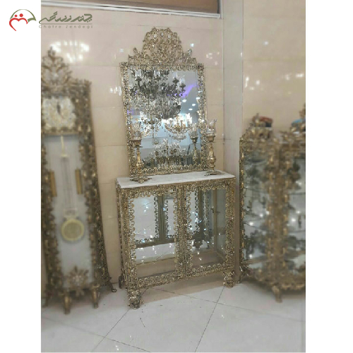 آینه کنسول برنزی دو کابینه، تاج دار با حاشیه گل_ چترزندگی