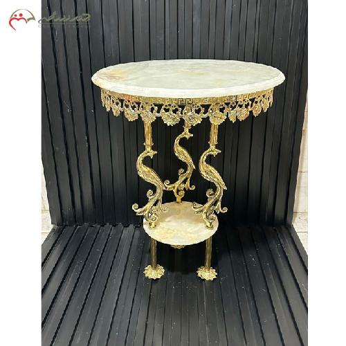 میز دو طبقه برنزی پایه سنگی گرد مدل سیمرغ طرح گل رز_ چترزندگی