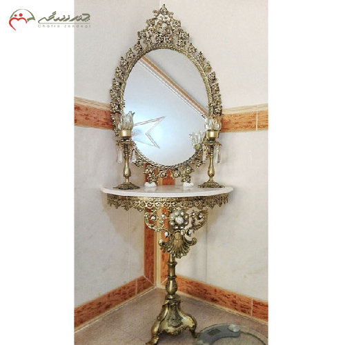 سرویس آینه کنسول و شمعدان برنزی بیضی تاج دار