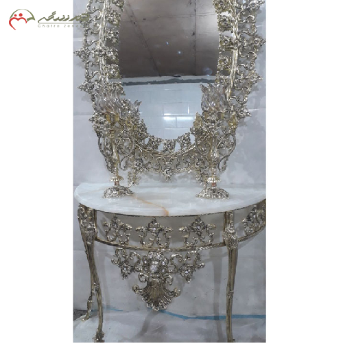 ست آینه کنسول بیضی و شمعدان برنزی طرح خورشیدی