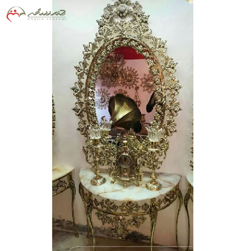 سرویس آینه کنسول، شمعدان و ساعت برنزی با حاشیه گل