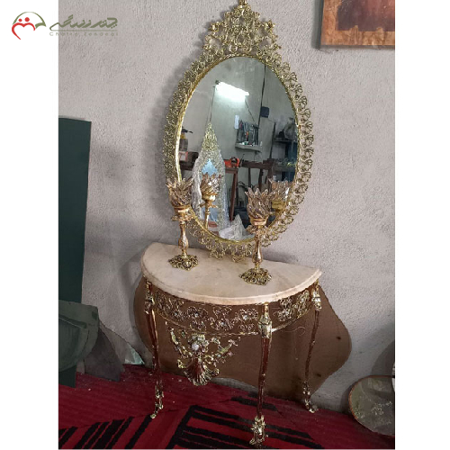 ست آینه کنسول و شمعدان برنزی بیضی تاجدار