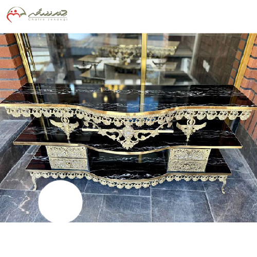 میز تلویزیون برنزی چهارکشو با رویه ام دی اف قوسدار