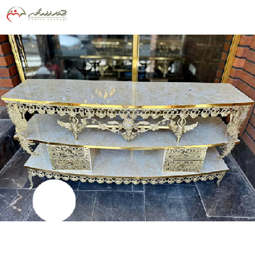 میز تلویزیون برنزی چهارکشو قوسدار، تاجدار با رویه ام دی اف