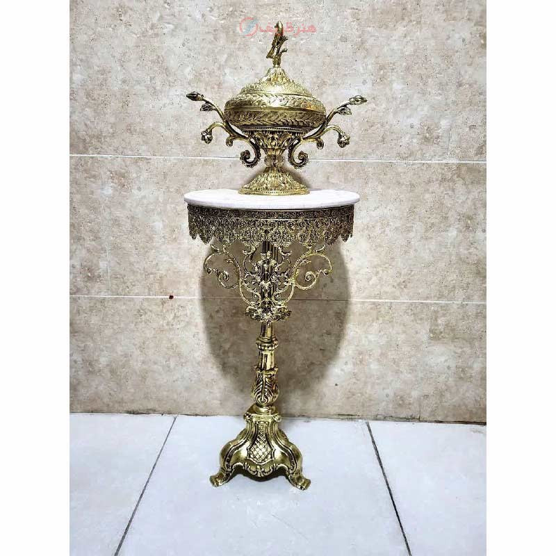 میز تلفن پایه کمدی، جنس آلیاژ آلومینیوم با آبکاری برنج، دارای گارانتی ثبات رنگ - چترزندگی