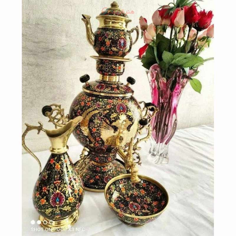 ست سماور 6 لیتری ذغالی برنجی، دارای سری قوری متفاوت، مینا کاری شده - چترزندگی