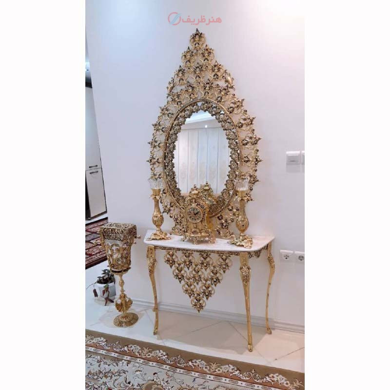 آینه کنسول مدل خورشیدی تاج دار، جنس آلیاژ آلومنیوم با آبکاری برنز، کیفیت عالی - چترزندگی