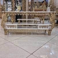 خرید، قیمت و مشخصات میز ال سی دی درجه 1 و مدرن جنس ام دی اف و برنزی طرح طاووس و گل نرگس برجسته زیر قیمت | چترزندگی
