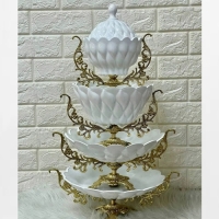 خرید، قیمت و مشخصات ظروف چهار تکه سرامیکی و پایه برنزی رنگ ثابت شامل شیرینی خوری و میوه خوری و اجیل خوری و شکلات خوری - چترزندگی