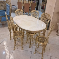 خرید، قیمت و مشخصات میز ناهار خوری 6 نفره جنس بدنه آلیاژ به رنگ طلایی و رویه سنگ مرمر درجه یک با ضمانت - چترزندگی