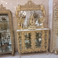 خرید، قیمت و مشخصات آینه کنسول برنزی همراه با ست شمعدان و ساعت رومیزی و رویه سنگ سفید با ضمانت - چترزندگی