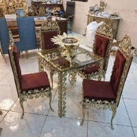 خرید، قیمت و مشخصات میز ناهار خوری 4 نفره تمام برنزی با رویه شیشه ای و تنوع رنگ پارچه صندلی ها - چترزندگی