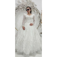 خرید، قیمت و مشخصات لباس عروس یقه دلبر با پارچه شاین پولک خطی و بالاتنه کار شده زیر قیمت _ چترزندگی