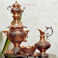 خرید آنلاین، سرویس سماور 4.5 لیتری برقی و زغالی مسی با قلم زنی فوق العاده سیاه قلم، زیر قیمت بازار | چترزندگی