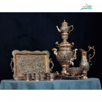 خرید آنلاین، سرویس سماور و چای خوری قلم زنی با کیفیت طرح اسلیمی با روکش نقره و مس بدون تغییر رنگ، زیر قیمت بازار | چترزندگی